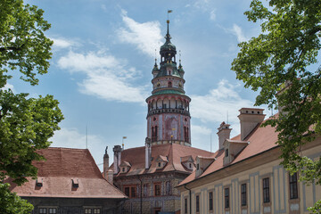 View of the beautiful tower of Cesky Krumlov Castle by the afternoon - Cesky Krumlov, Czech Republic