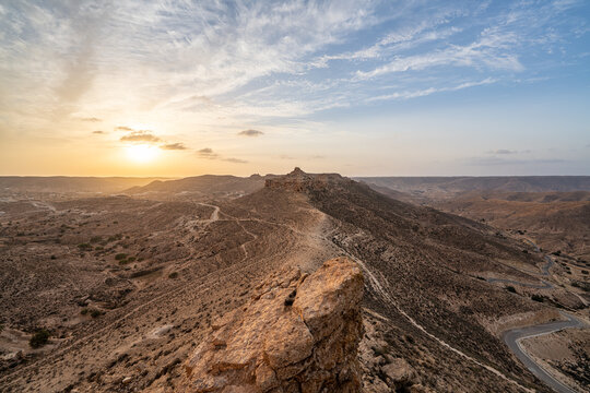 Sunset on the  Dahar, south region of Tunisia 