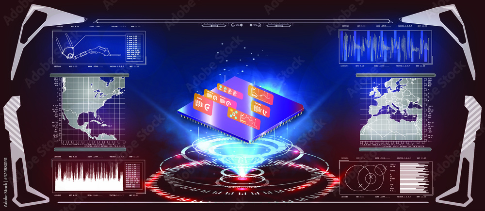 Poster futuristic microchip processor with lights on the blue background. quantum computer, large data proc