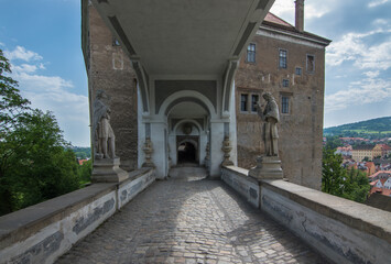Fototapeta na wymiar View of the Cloak Bridge, at Cesku Krumlov Castle - Cesky Krumlov, Czech Republic