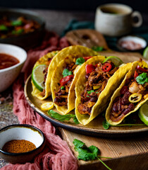 Wegetariańskie tacos z fasolą i jackfruitem, wegańskie i zdrowe, ostre papryczki i świeża kolendra, meksykańskie dania, pyszny obiad, owoc chlebowca