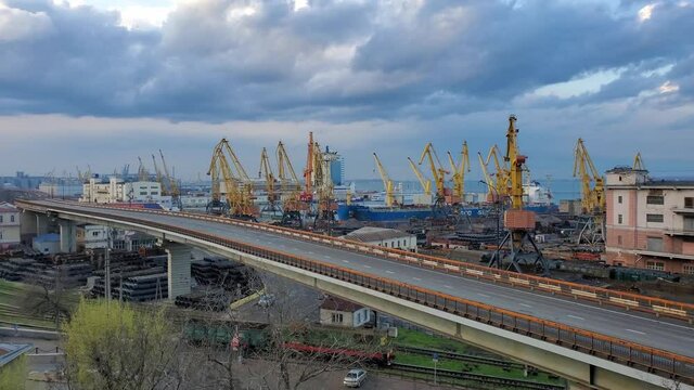 Slow motion panning view of maritime port road