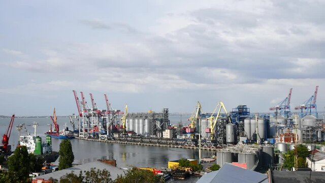 Industrial landscape moving cargo cranes time laps