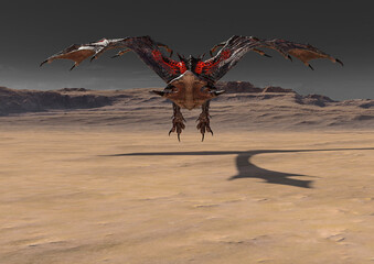 dragon is taking off on desert rear view