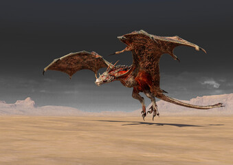 dragon is taking off on desert side view