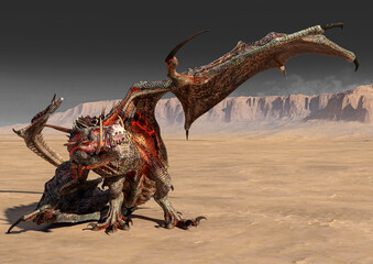 dragon is cowering on desert
