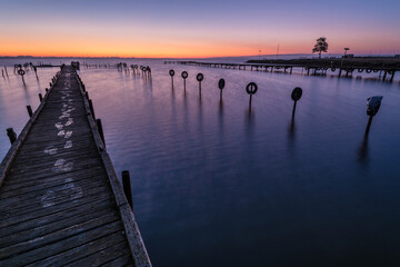 Der Olgahafen am Dümmer in Niedersachsen kurz vor Sonnenaufgang zur blauen Stunde