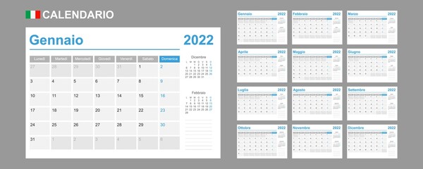 Fototapeta Italian calendar for 2022. Week starts on Monday. Simple vector template. Business design planner. obraz