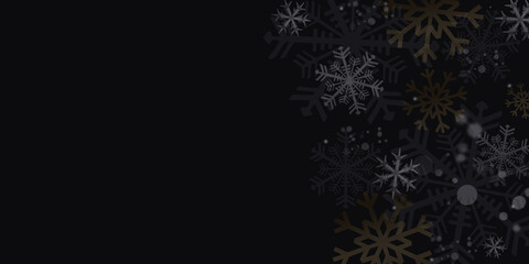 Fototapeta na wymiar Christmas black white gold background with snow. Christmas card with snowflake border illustration