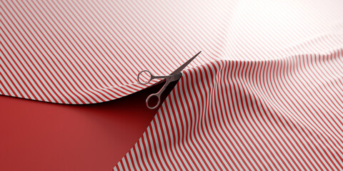 Animated scissors cutting, celebration and copy space illustration, original 3d rendering