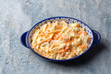 Coleslaw salad close up on a bowl. Cabbage, carrot salad. (Turkish name; lahana salatasi)