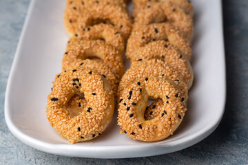 Turkish Bagel with sesame seeds or salty ring cookies. Turkish name; Kandil simidi or tuzlu halka kurabiye