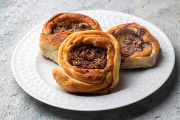 Traditional delicious Turkish foods; Kaytaz pastry with minced meat of Turkey Hatay - Antakya region (Turkish name; Kaytaz boregi)