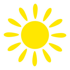 Sun with even rays, flat style. Sunny weather day. Silhouette of yellow bright sun isolated on white background. Vector illustration