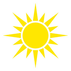 Sun with even rays, flat style. Sunny weather day. Silhouette of yellow bright sun isolated on white background. Vector illustration