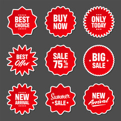 Realistic red price tags collection. Special offer or shopping discount label. Retail paper sticker. Promotional sale badge. Vector illustration.