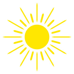 Sun with even rays, flat style. Sunny weather day. Silhouette of yellow bright sun isolated on white background. Vector illustration