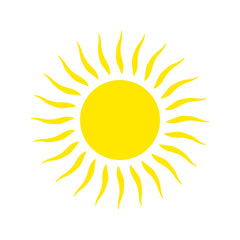 Sun with even rays, flat style. Sunny weather day. Silhouette of yellow bright sun isolated on white background. Vector illustration