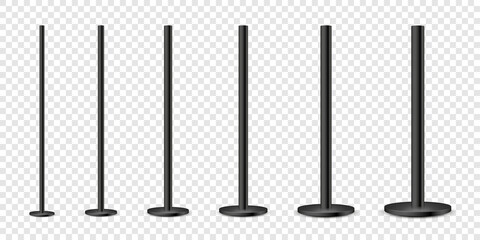 Realistic metal poles collection isolated on transparent background. Glossy black steel pipes of various diameters. Billboard or advertising banner mount, holder. Vector illustration.