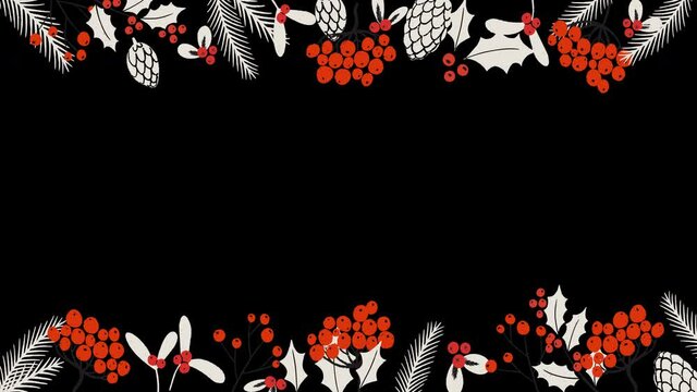 Animated winter frame made of hand drawn seasonal white leaves, branches, pine cones and berries. Floral decoration with space for the text for banner, greeting card, invitation, ad, vlog.