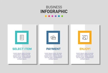 Concept of shopping process with 3 successive steps. Three colorful graphic elements. Timeline design for brochure, presentation, web site. Infographic design layout.