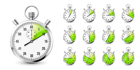 Realistic classic stopwatch icons. Shiny metal chronometer, time counter with dial. Green countdown timer showing minutes and seconds. Time measurement for sport, start and finish. Vector illustration - obrazy, fototapety, plakaty