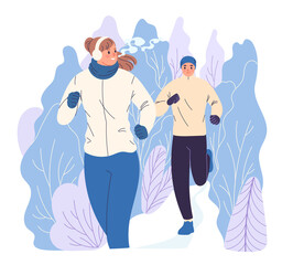 Two people are running through the woods in winter.