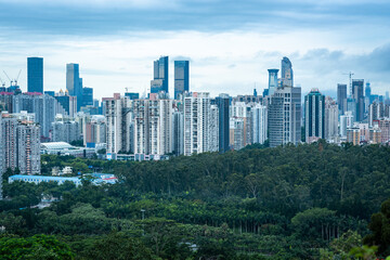Shen Zhen skyscraper building landscape, China business urban city in modern