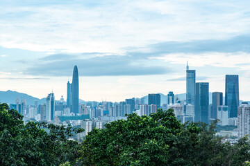 Shen Zhen skyscraper building landscape, China business urban city in modern