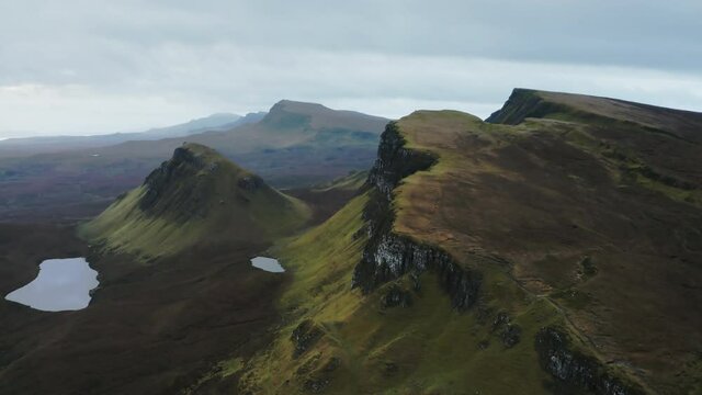 Drone view of the Quiraing landslide in northern Scotland, Isle of Skye