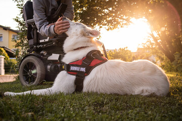 Man with disability with his service dog using electric wheelchair.