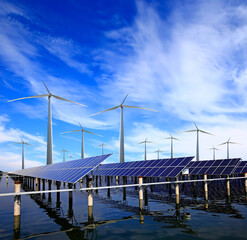 Solar photovoltaic panels and wind turbines. Energy concept