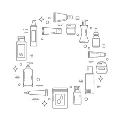 Round frame with beauty products. Skin care and online shopping. Vector illustration can be used in articles, banners, flyers, social media related to cosmetics. You can put your text in center.