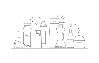 Still life with beauty products. Skin care and online shopping concept. Vector illustration can be used in articles, banners, flyers, social media designs related to cosmetics. Daily beauty routine.