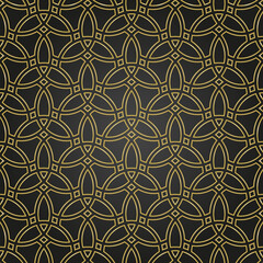 Seamless vector ornament. Modern black and golden background. Geometric modern pattern