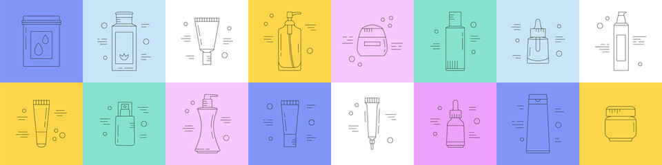 Big set of icons with beauty products. Skin care and Korean cosmetics. Can be used in web, typographic, package design, as highlights etc. Online shopping concept. Colorful vector illustration.