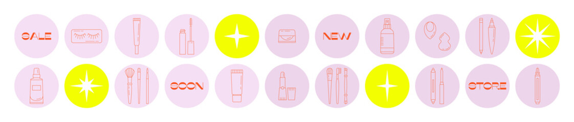 Big set of icons with beauty products. Make up and Korean cosmetics. Can be used in web, typographic, social media and package design, as highlights. Online shopping. Ideal for beauty store or blog 