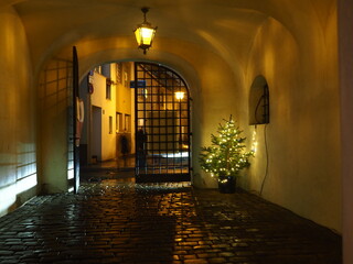 A Christmas tree and the gate to Ducal Castle of Szczecin