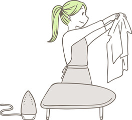アイロンがけの出来栄えに満足する女性のイラスト