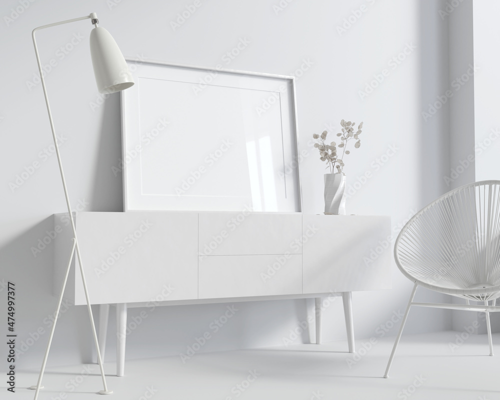 Poster white room with picture mock-up, chair and lamp. 3d render. 3d image.