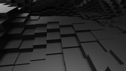 Abstract background with waves made of a lot of black cubes geometry primitive forms that goes up and down under black-white lighting. 3D illustration. 3D CG. High resolution.