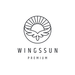illustration of thin line wings icon with sun icon. Vector bird graphic design logo, print, label, badge, sticker, emblem, sign, identity.