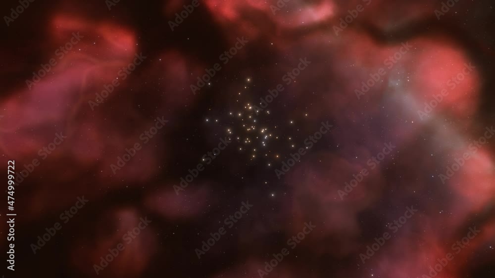 Wall mural spaceship travelling at the speed of light through a red nebula in space. 3d animation