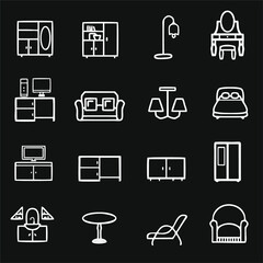 Basic Furniture icon set in thin line style. Furniture line icon set. Cushioned furniture linear icons. Home furniture flat outline vector signs and symbols collection.