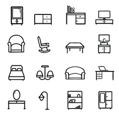 Basic Furniture icon set in thin line style. Furniture line icon set. Cushioned furniture linear icons. Home furniture flat outline vector signs and symbols collection.