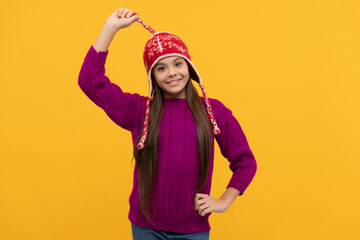 express positive emotion. happy child in knitted earflap hat. kid wear warm clothes