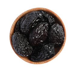 Bowl with sweet dried prunes isolated on white, top view