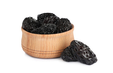 Wooden bowl and sweet dried prunes on white background