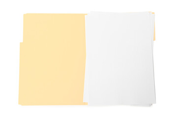 Yellow file with blank sheets of paper isolated on white, top view. Space for design