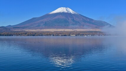 湖畔から見た富士山と雲海のコラボ情景＠山中湖、山梨
